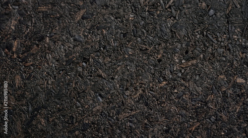 Close-up of dark textured soil surface. Natural earthy background for environmental projects.