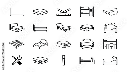Collection of various types of beds and furniture icons with transparent background for design projects