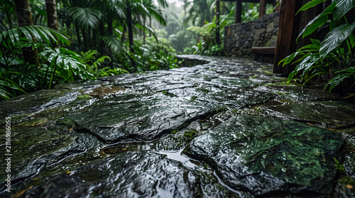 Rainy stone path in tropical garden. Wet cobblestone walkway in lush green rainforest.
