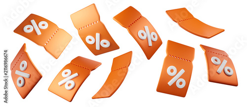 Fotografía 3D flying orange discount coupon tickets with percent sign in multiple angles, isolated on background