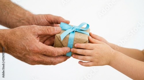 An elderly person giving a gift to a child isolated on white background