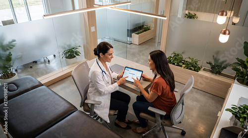 Compassionate female doctor discussing digital health records on a tablet with a patient in a modern clinic.