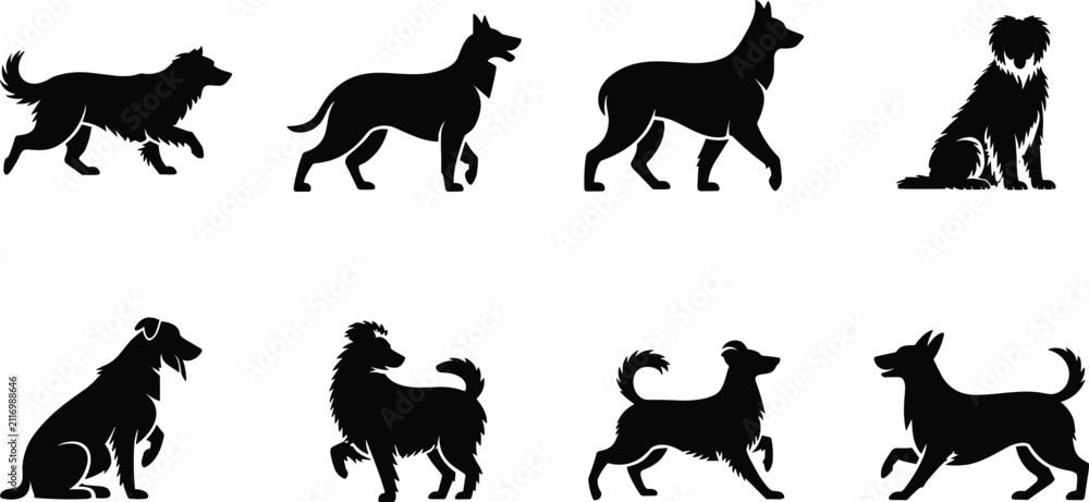 Obraz premium Set of diverse dog breed silhouettes vector icons featuring standing sitting running and walking canine poses