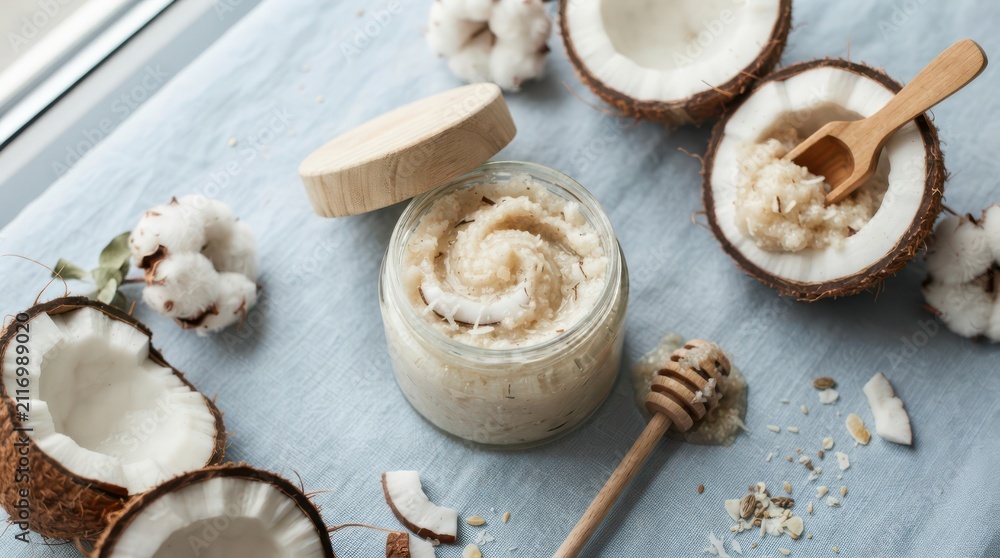 Fototapeta premium Natural coconut body scrub in a glass jar with wooden lid, coconut pieces, and cotton flowers on a light blue fabric background
