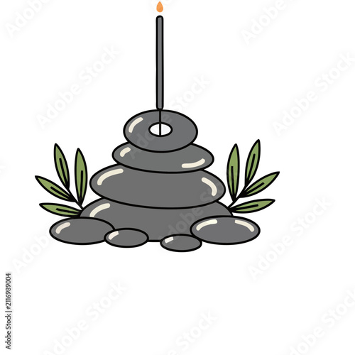 Stack of Stones with Incense and Leaves