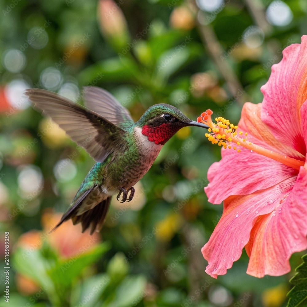 Fototapeta premium A male Ruby-throated Hummingbird with iridescent green feathers and a vibrant red throat hovering to feed on the nectar of a large, bright pink hibiscus flower in a lush garden.