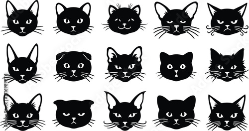 Set of cute black cat faces with different expressions and ear shapes in a simple hand drawn style