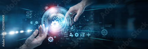 Obraz na płótnie User Hands of human touching on settings network connection, system configuration controls adjusting preferences managing features improving user experience and digital personalization