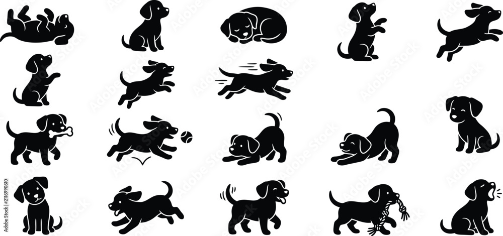 Obraz premium Set of cute puppy silhouettes in various playful poses isolated on a white background