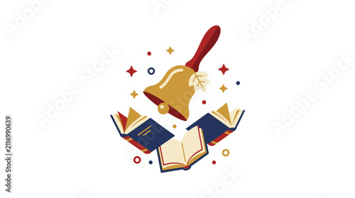 Vector Icon Golden School Bell With Open Books Education Concept Illustration. EPS Editable