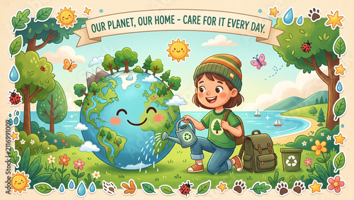 Happy Child Hugging Smiling Earth for Environmental Protection Concept