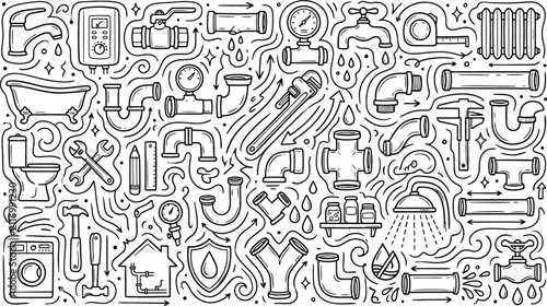Plumbing service themed doodle set featuring pipes valves faucets tools and repair equipment in a black and white hand drawn pattern plumbing maintenance hardware construction