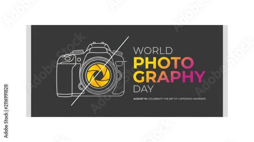 World photography day banner with camera outline and colorful aperture lens