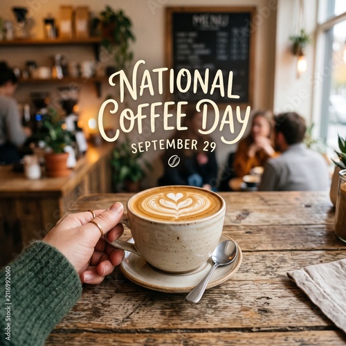 A first-person view of a steaming cup of latte art coffee on a rustic wooden table in a cozy cafe, celebrating National Coffee Day on September 29th with a soft-focus background of patrons.