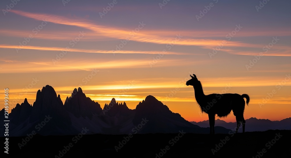 Naklejka premium Llama silhouetted against a dramatic sunset over mountain peaks, vibrant sky