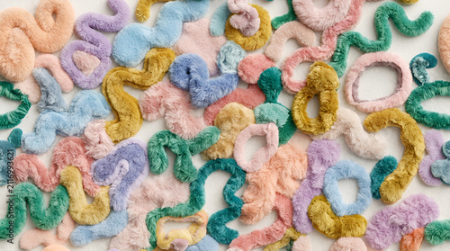 Colorful fuzzy pipe cleaners arranged in abstract squiggly shapes on a white background featuring pastel shades of pink blue yellow green and purple craft material