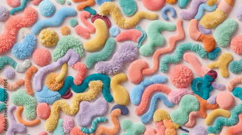 Colorful fuzzy felt shapes abstract pattern background with pastel colors and wavy lines texture close up view of textile design