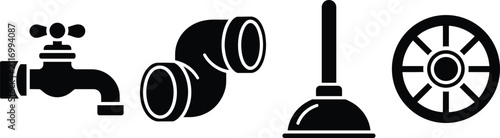 Plumbing tools, faucet, U-shaped drain pipe, rubber suction plunger, and valve wheel for professional water system maintenance, home repair, and hardware