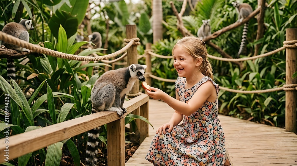 Fototapeta premium Girl feeding lemur fruit in zoo. Happy child interacting with wild animal in wildlife park. Education about nature and diverse species. Childhood experience and connection to environment.
