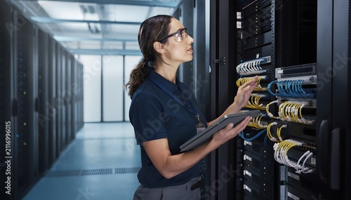 Técnica trabajando en un rack de servidores y revisando conexiones de red en un centro de datos moderno