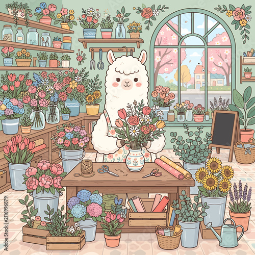 Cute cartoon llama florist arranging a beautiful bouquet of fresh flowers in a cozy shop.