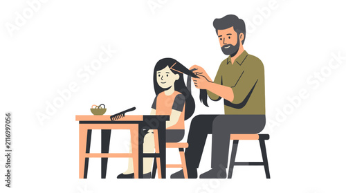 Father brushing daughter hair at home illustration 3. EPS Editable. Vector Illustrations.