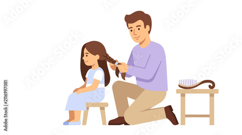 Father brushing daughter hair at home. EPS Editable. Vector Illustrations.