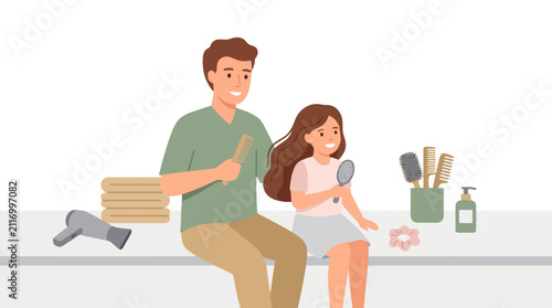 Father brushing daughter hair at home illustration. EPS Editable. Vector Illustrations.