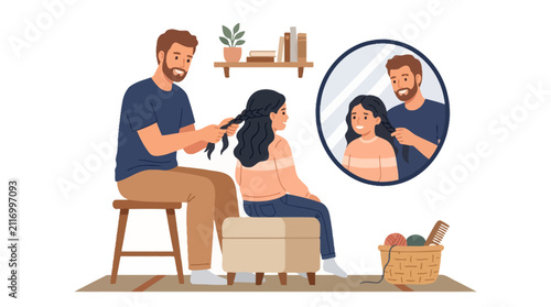 Father brushing daughter hair at home illustration 5. EPS Editable. Vector Illustrations.