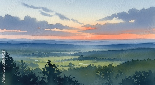 Serene Misty Valley Sunrise Over Rolling Hills and Forest Canopy.