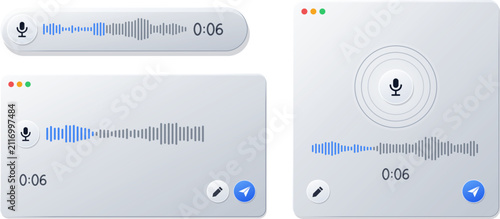 Liquid glass voice interface button with sound wave and microphone icon in three different style. Glass morphism digital ui element for smartphone application.