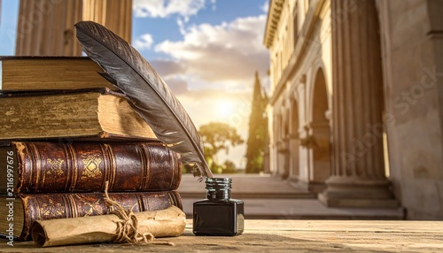 Timeless Knowledge A Quill, Inkwell, and Ancient Books Rest on a Rustic Desk, Framed by Classical Architecture Under a Golden Sunset, Symbolizing Education and History