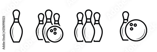 Foto Bowling pin icon with ball, alley game and sports equipment symbols