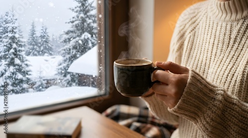 Person holding a hot cup near window with winter view, cozy indoor moment.