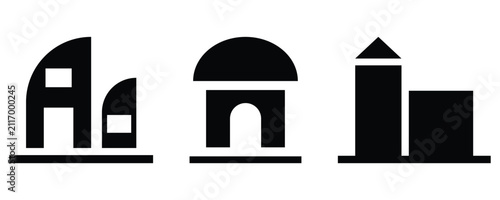 Building and Real Estate Icons Set, Modern Architecture Vector Symbols for City Infrastructure, Factory, Bank, Shop, Office, and Home Isolated on White Background