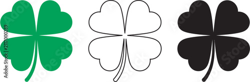 Four leaf clover icon set featuring lucky shamrock symbols, solid green graphics, black silhouettes, line art versions, decorative charm elements, seasonal celebration themes and editable vector 