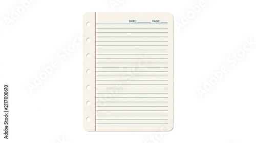 A single lined notebook page with punched holes on the left side, isolated against a clean, plain white background with a subtle shadow effect