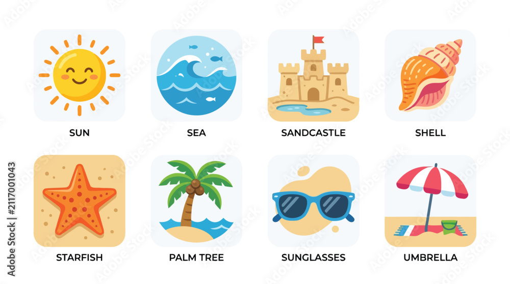 Fototapeta premium Colorful summer vacation icons set