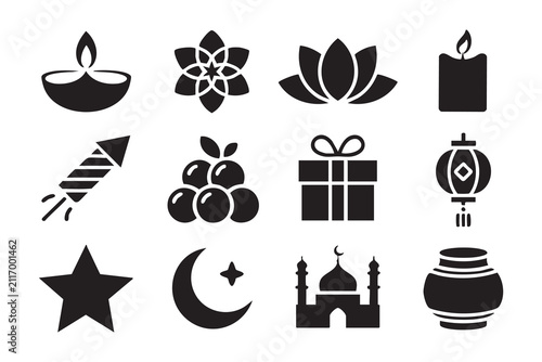 Diwali Festival Solid Icon Set with Diya Lotus Firecracker and Gift Symbols