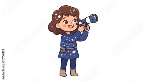 Canvastavla Little Astronomer: A curious young girl, adorned in a starry-patterned outfit, gazes through a telescope, her face alight with wonder and the excitement of exploring the cosmos