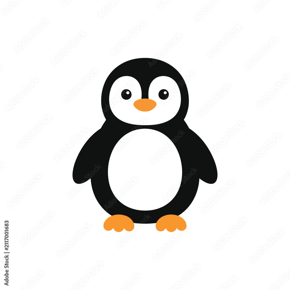 Obraz premium Cute penguin vector illustration isolated on white background, flat cartoon standing baby penguin icon for kids design.