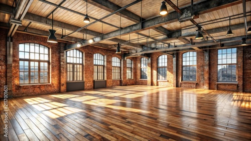 Industrial space exposed brick texture wooden floorboards rustic