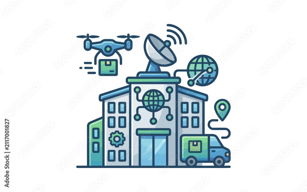 Fototapeta premium Logistics Hub and Drone Delivery Vector Illustration