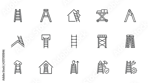 Collection of various ladder and construction equipment icons with transparent backgrounds for graphic design projects