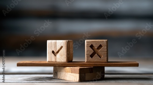 Wooden blocks with check and cross symbols balancing on scale. Choice and decision making concept.