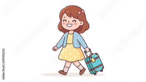 Принти на полотні Happy Girl with Suitcase, Ready for Adventure: A smiling young girl with a cheerful expression walks with her blue suitcase, eager to embark on a journey or vacation