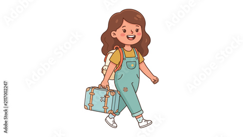 Принти на полотні A cheerful young girl with a backpack and a vintage suitcase, ready for adventure and new experiences