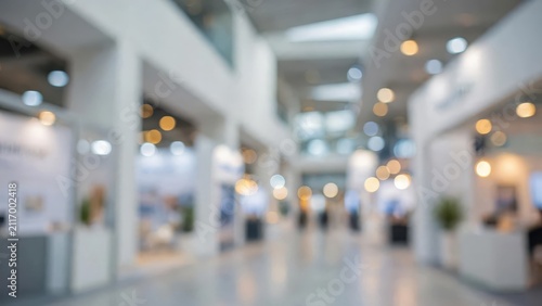 Blurred interior view of a modern exhibition hall with trade show booths.