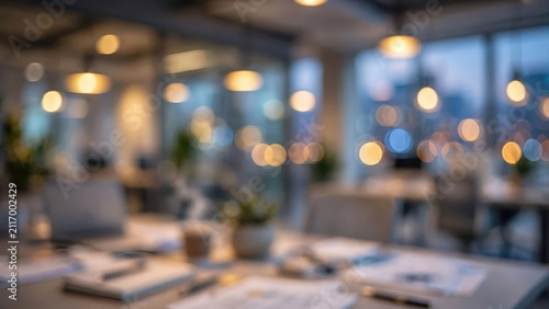 Blurred view of a modern corporate office interior with soft evening lighting.