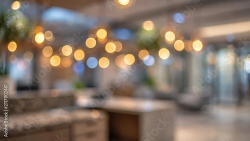 Abstract blurred background of a modern interior with glowing warm decorative lights.